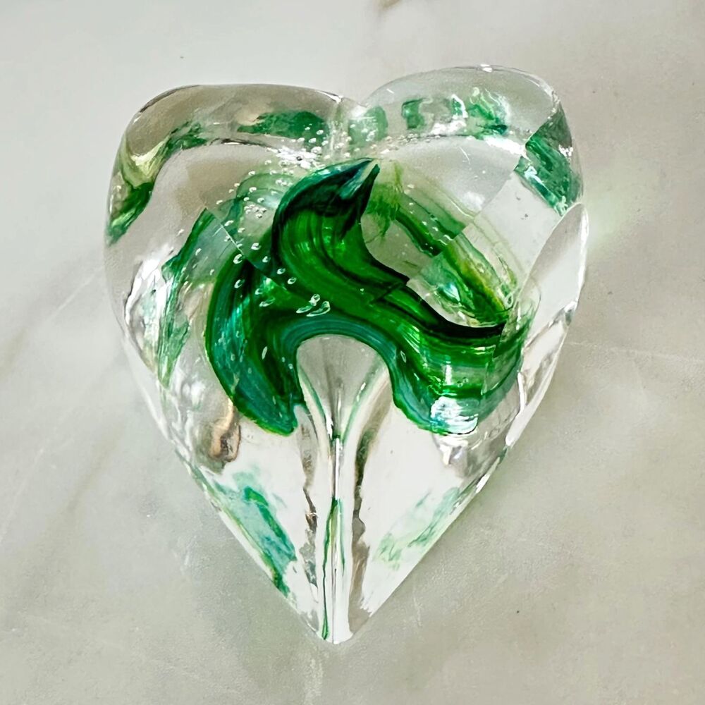 Vintage Art Glass Heart Paperweight Hand Blown Green Swirl Controlled Bubbles